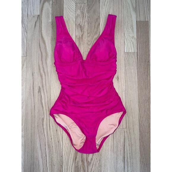 NWT J. Crew Ruched V-Neck One Piece Pink Radiant Fuchsia Women's Swimsuit Sz 2 - Picture 2 of 8